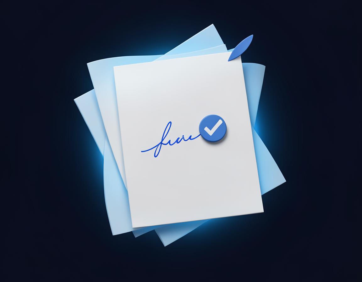 A document with a blue signature and a completion checkmark